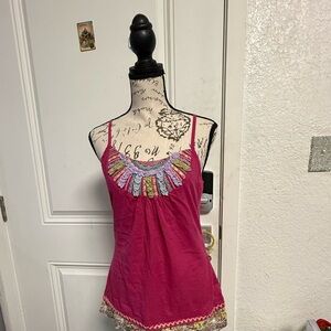 Lulumari Pink Boho Embroidered Tank Top size M 100% cotton